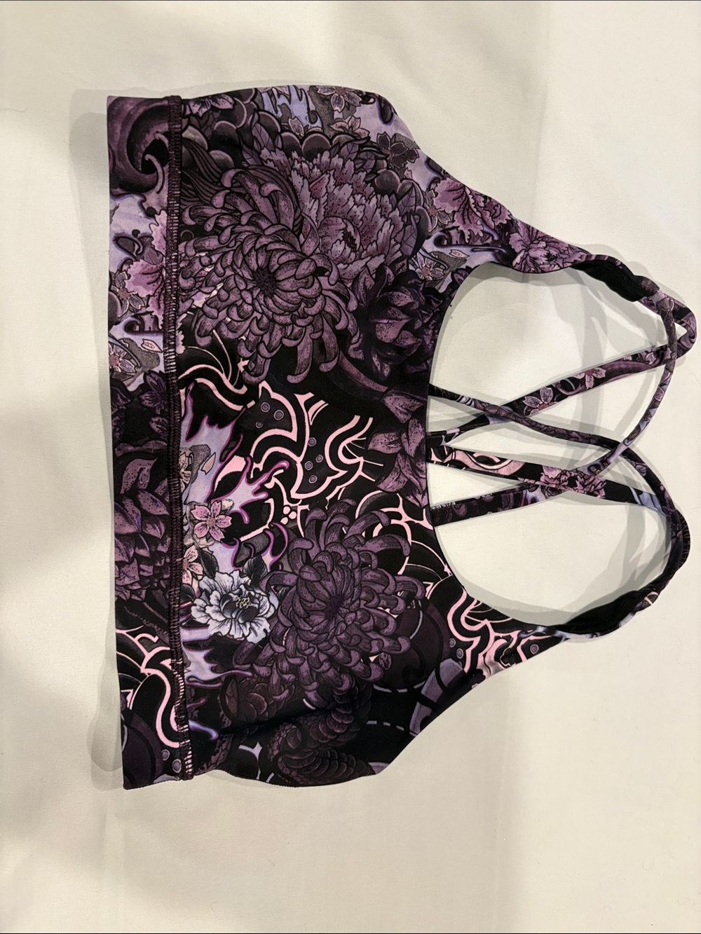 lululemon athletica Purple Floral Strappy Sports Bra with Black Accents